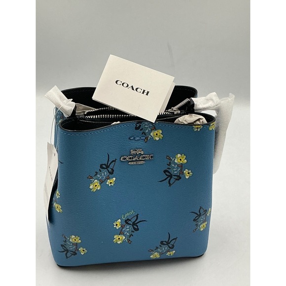 Coach Mini Town Bucket Bag Blue Multi Floral Bow Print Crossgrain Leather C7974 - Picture 10 of 15